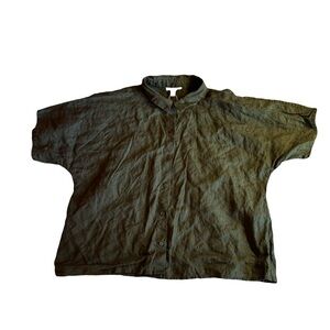 Eileen Fisher Organic Linen Classic Collar Short Sleeve Shirt, Green, Size XS